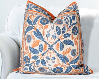 Terracotta Orange and Blue Scandic Woodland Pillow Cover, Print both sides handmade cushion cover, botanical decor Scandinavian country