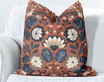 Terracotta Scandic Woodland Pillow Cover, Print both sides handmade cushion cover, botanical decor Scandinavian country