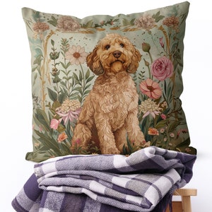 Gold Labradoodle Dog Pillow Cover - Handmade Cushion Cover, Print both sides - Cute Goldendoodle Vintage style romantic french floral decor