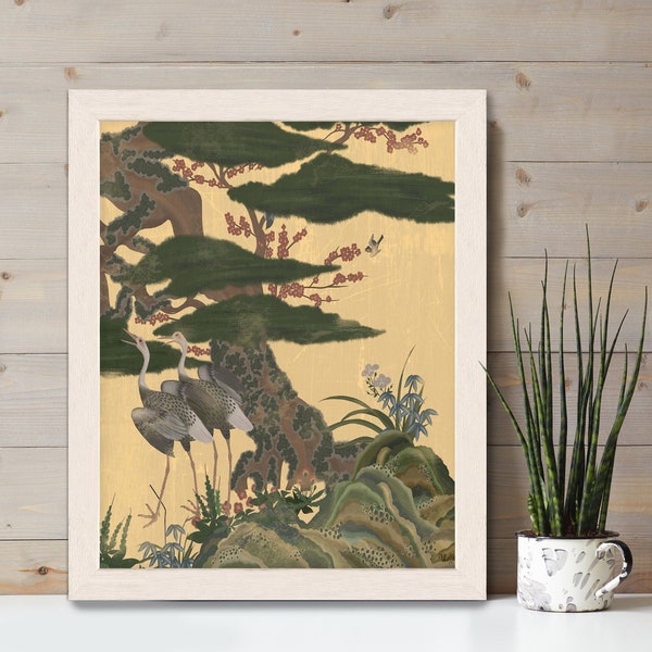 Chinese garden art - Crane Garden 1 -  Chinoiserie wall art, Asian home decor, Chinoiserie print, Large canvas art, Framed print oriental