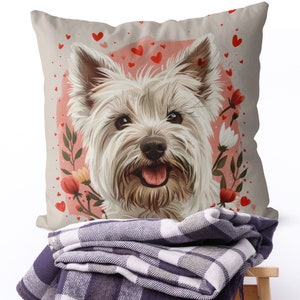 Valentines West Highland Terrier Pillow Cover - Handmade Cotton Linen Mix Cushion Cover - Print both sides - Cute Valentines Westie Dog gift