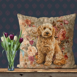 Gold Labradoodle Dog Pillow Cover - Handmade Cushion Cover, Print both sides - Cute Goldendoodle Vintage style romantic french floral decor