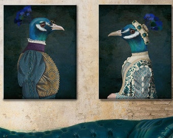Limited edition Set of 2 Peacock paintings anthropomorphic art peacock decor bird art print blue room grand decor rich canvas artwork