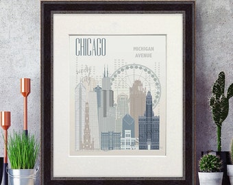 Chicago Wall Art, Windy City, Architectural Print, Chicago Poster, City Wall Art, Large city art, Illinois Art Print, City Decor Travel Gift