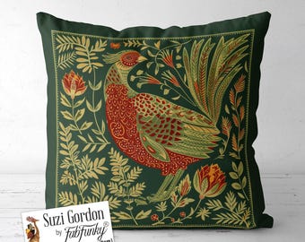 Folk Art Style Pheasant Print Pillow Cover on green Scandi print both sides handmade cushion cover, Nordic Swedish Scandinavian, Quail