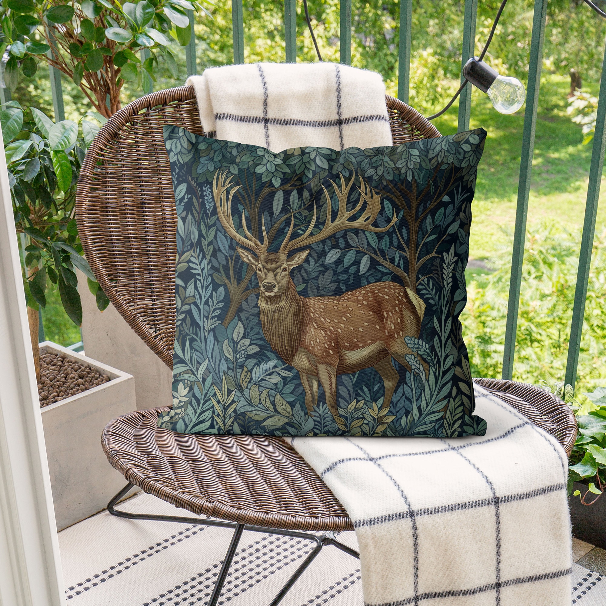 Blue Green Deer Pillow Cover, William Morris Inspired Stag