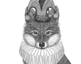 May include: A black and white illustration of a fox wearing a jester's hat and a ruffled collar.