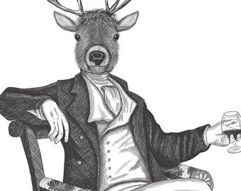 Limited Edition Stag print, Deer Portrait, wall art living room, cabin decor, cocktail bar decor, deer print man cave, framed print canvas