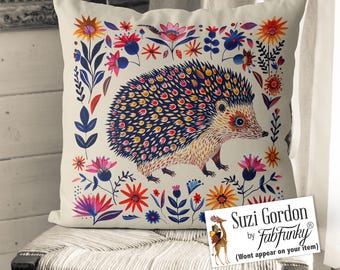 Cute Scandi Hedgehog Pillow Cover, Print both sides handmade cushion cover, Scandinavian woodland animal, Folk Art Scandic decor