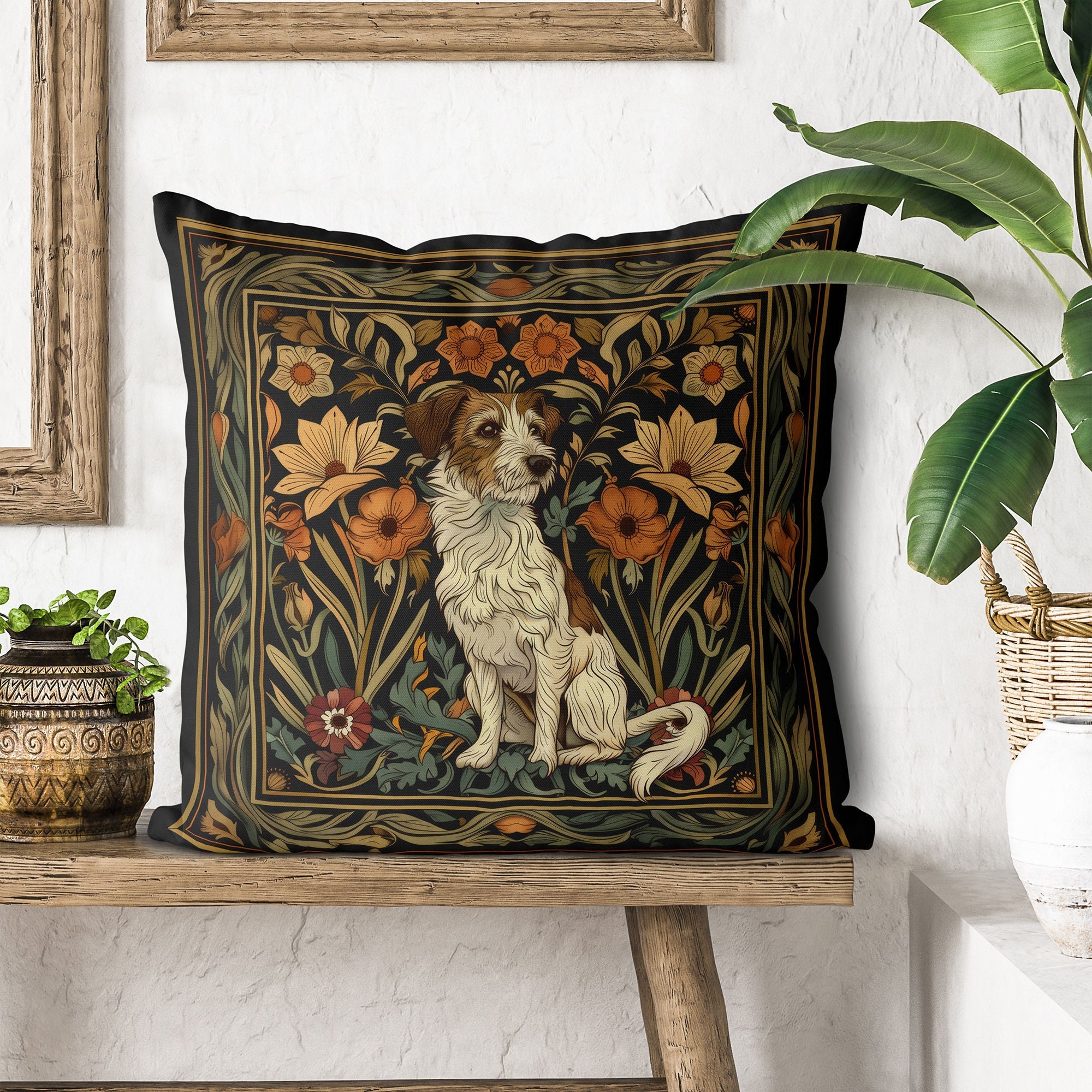 Fox Terrier Dog Pillow Cover - Handmade Cotton Linen Mix Cushion Cover with cute Wire fox terrier dog on William Morris style design