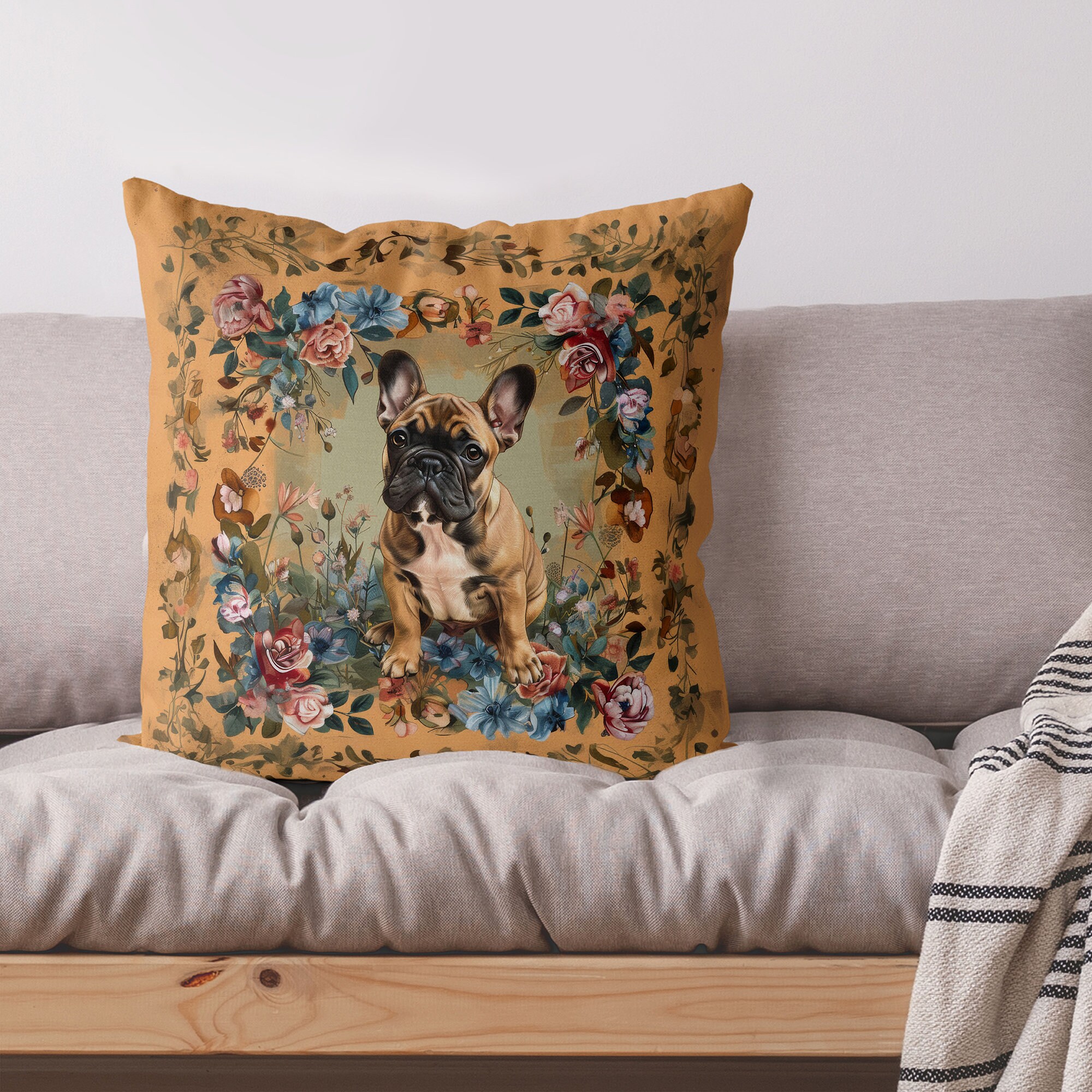 Valentine's Female French Bulldog in Donut Skirt Throw Pillow | Red & White Colored