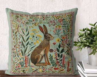 Nordic Style Hare Print Pillow Cover, Print both sides handmade cushion cover, Scandi Folk Art woodland animal, Scandinavian rabbit on green