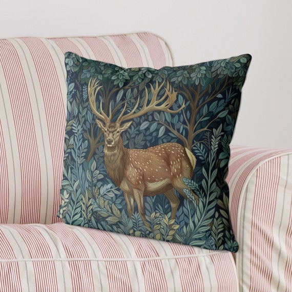 Blue Green Deer Pillow Cover, William Morris Inspired Stag