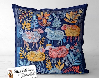 Cute Folk Art Style Sheep Pillow Cover on Blue, Scandic Print both sides handmade cushion cover, Scandinavian farmhouse animal, Scandi decor