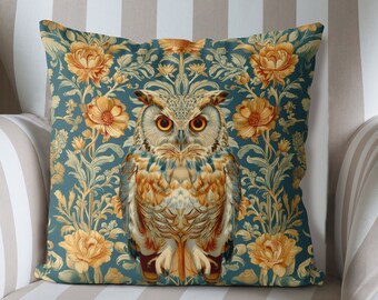 Owl Pillow Cover, beautiful owl illustration on William Morris style florals, handmade cushion cover Print both sides, woodland forest throw