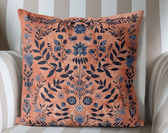 Terracotta / Dark Salmon Scandic Woodland Pillow Cover, Print both sides handmade cushion cover, botanical decor Scandinavian country