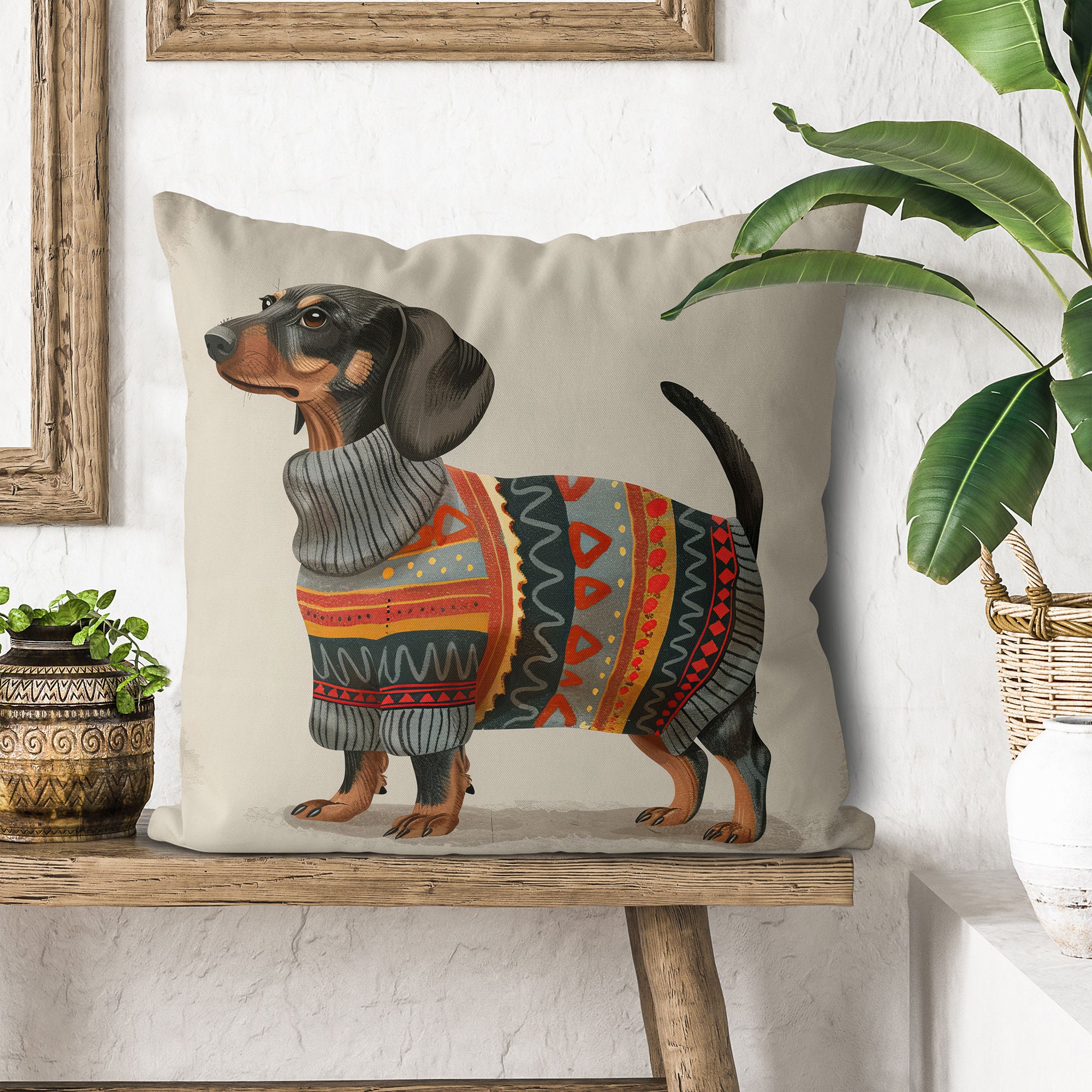 Cute Dachshund & Zebra Print Pillow Covers Set Of 2 - 20x20 Inch, Funny Dog Footprint Cartoon Decor