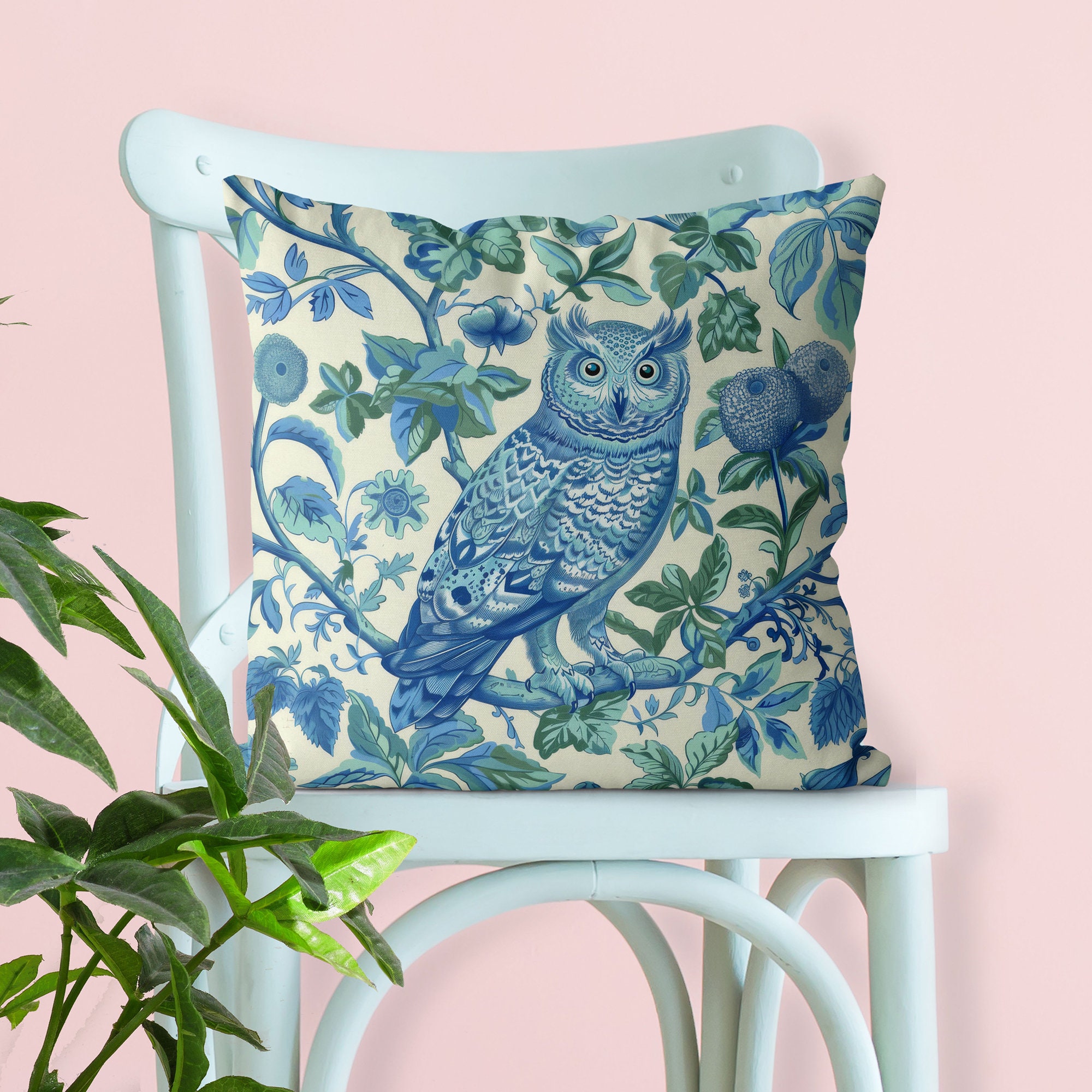 Owl Pillow Cover, beautiful owl illustration on William Morris style florals, handmade cushion cover