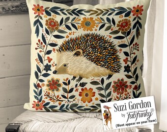 Cute Scandi Hedgehog Pillow Cover, Print both sides handmade cushion cover, Scandinavian woodland animal, Folk Art Scandic decor