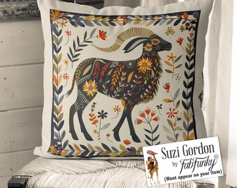 Cute Folk Art Style Goat Pillow Cover, Scandic Print both sides handmade cushion cover, Scandinavian farmhouse animal, Scandi decor