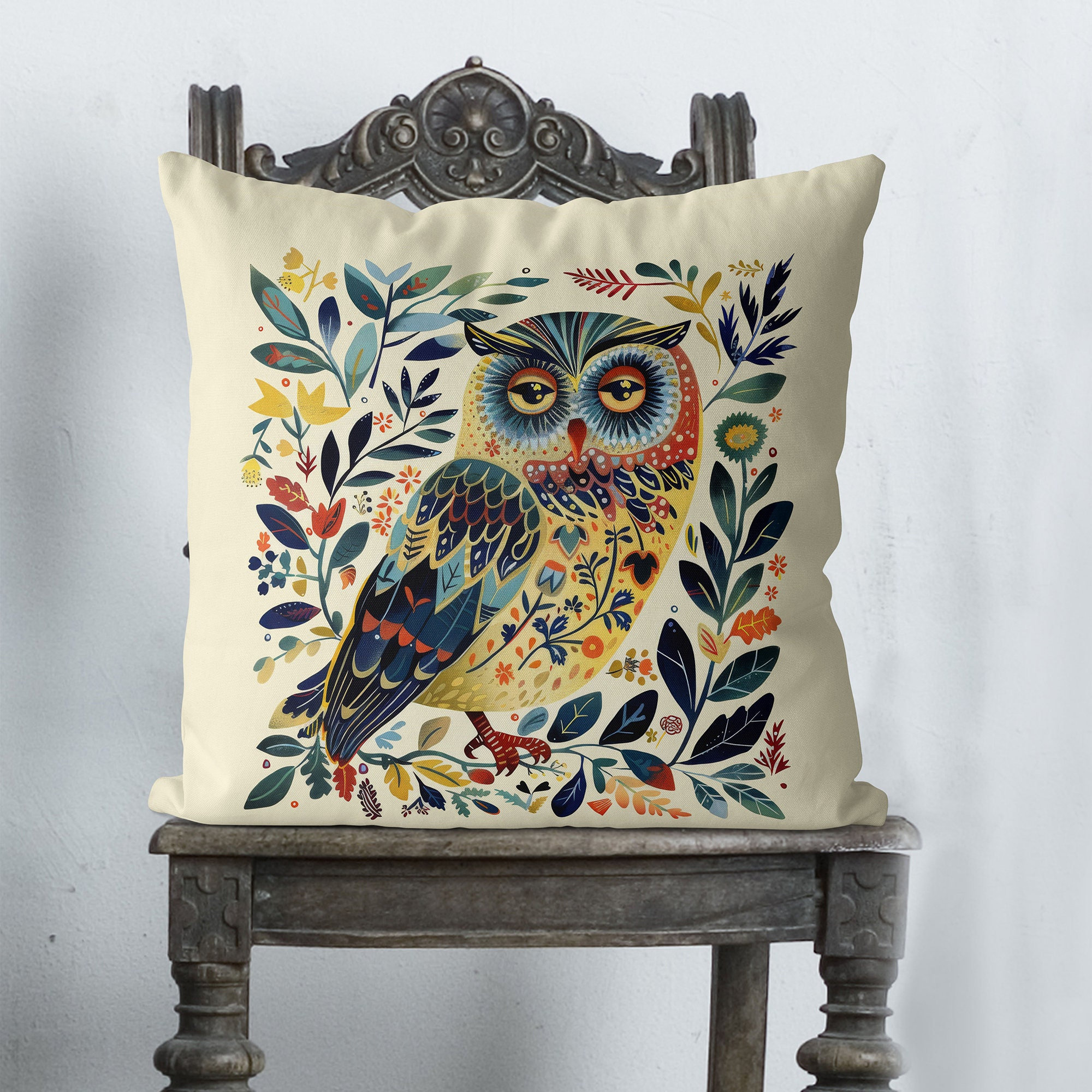 Cute Nordic style Owl Pillow Cover, Scandi Owl print both sides handmade cushion cover, Scandinavian