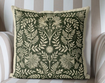 Olive Green Scandic Floral Pillow Cover, Print both sides handmade cushion cover, woodland botanical decor Scandinavian country home