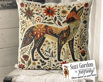 Scandic style Fox Pillow Cover, 18x18 24x24 inch, Folk Art handmade cotton/linen cushion cover, Swedish nordic woodland accent throw pillow
