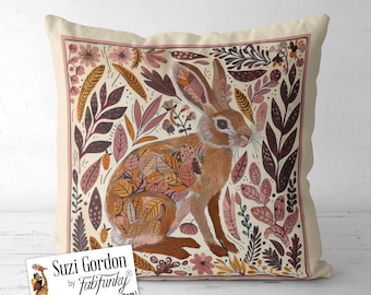 Nordic Style Hare Print Pillow Cover, Print both sides handmade cushion cover, Scandi Folk Art woodland animal, Scandinavian rabbit
