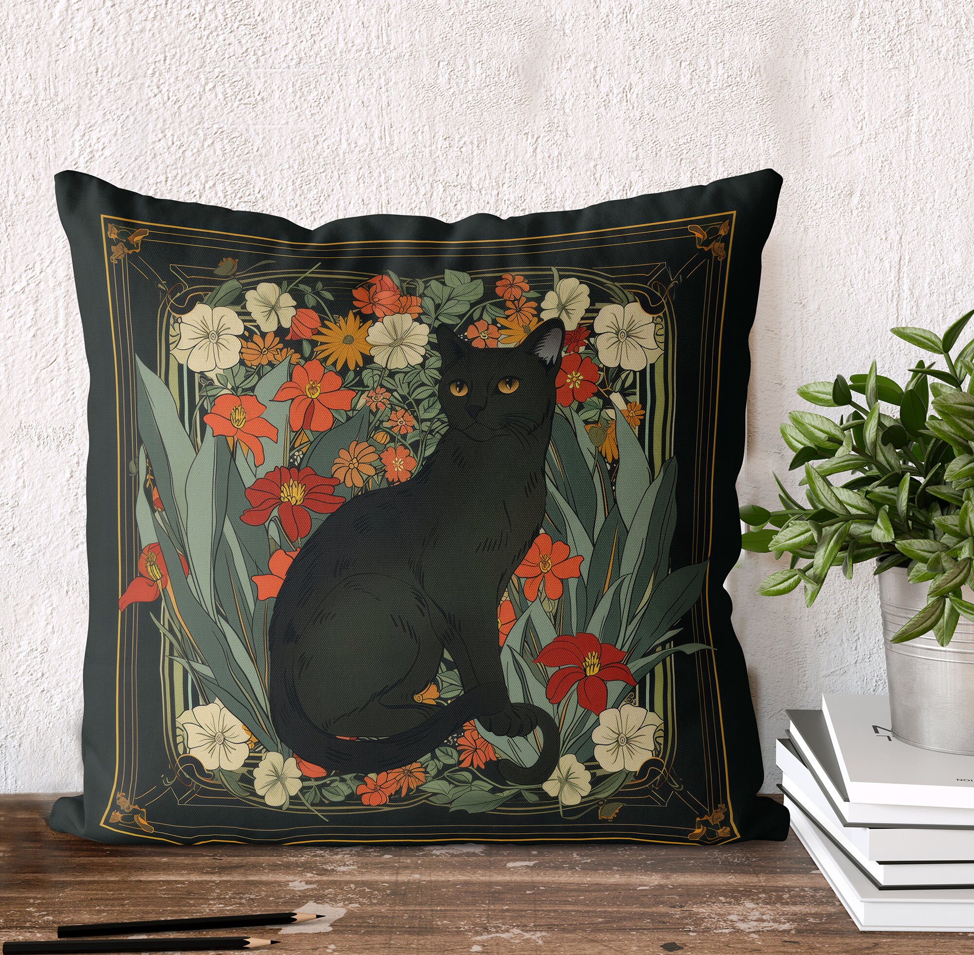 Shorthaired black Cat art nouveau pillow cover, floral handmade cushion cover, print on both sides, botanical decor