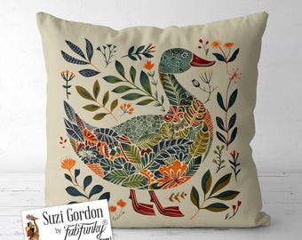 Folk Art Style Duck Print Pillow Cover, Scandi print both sides handmade cushion cover, Cute Nordic Bird Swedish Scandinavian Wildlife Decor