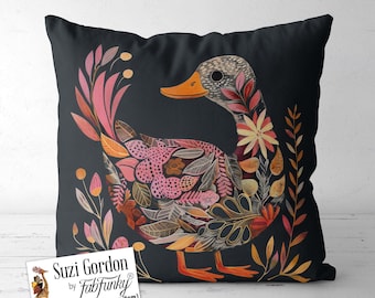 Folk Art Style Duck Print Pillow Cover, Scandi print both sides handmade cushion cover, Cute Nordic Bird Swedish Scandinavian Wildlife Decor