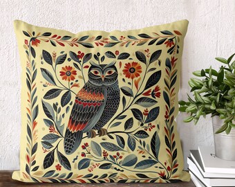 Simpatica fodera per cuscino gufo in stile nordico, stampa Scandi Owl su entrambi i lati fodera per cuscino fatta a mano, animale scandinavo del bosco Folk Art Scandic decor