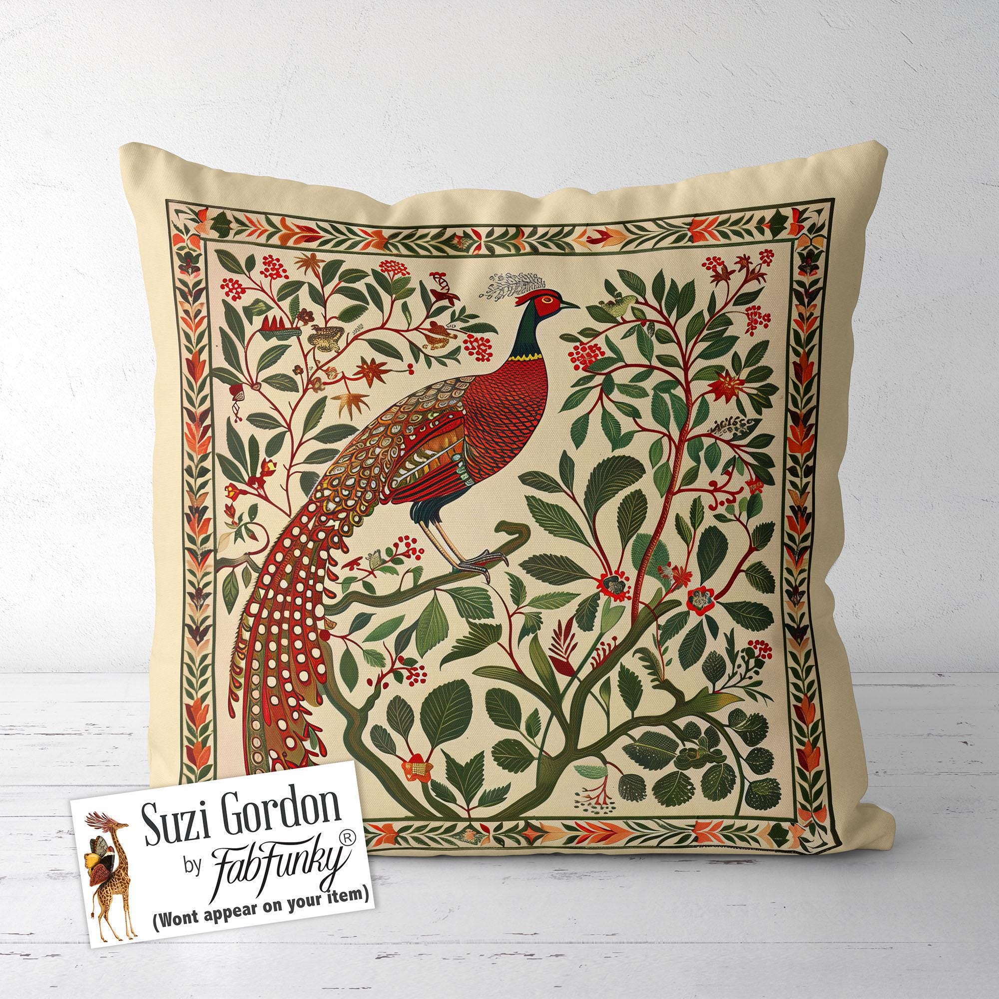 Folk Art Pheasant Print Linen Cushion Cover Nordic Countryside