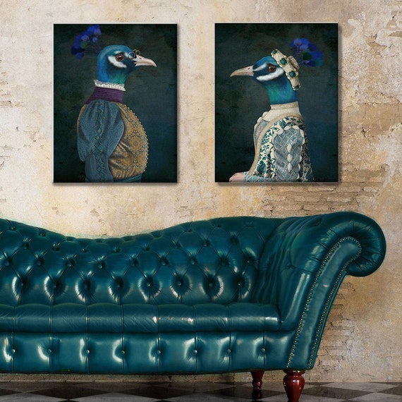 Limited Edition Set of 2 Peacock Paintings Anthropomorphic Art Peacock Decor  Bird Art Print Blue Room Grand Decor Rich Canvas Artwork 