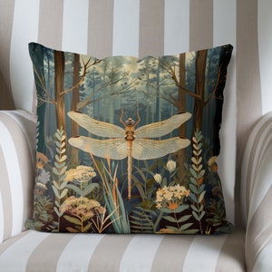 Libellen Illustration Kissenbezug 45x45 cm, handgemachter Kissenbezug aus Baumwolle/Leinen, William Morris inspirierter Kissenbezug