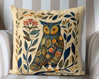 Copricuscino gufo scandinavo blu, copricuscino fatto a mano con stampa su entrambi i lati, animale del bosco scandinavo, arredamento nordico con arte popolare scandinava