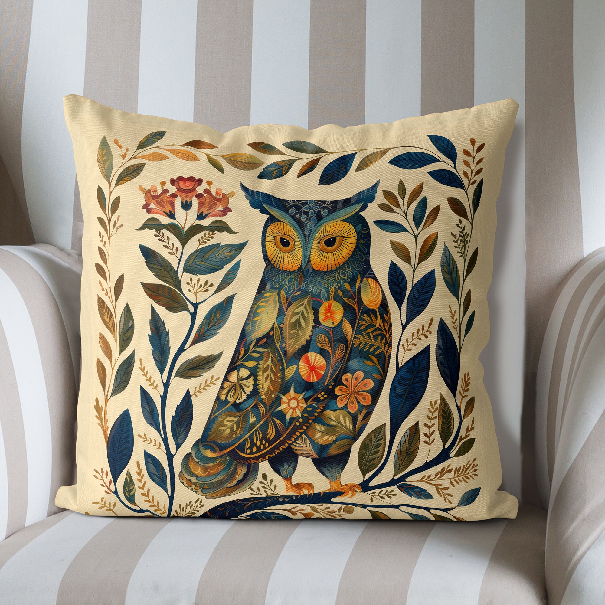Blue Scandic Owl Pillow Cover, Print both sides handmade cushion cover, Scandinavian woodland animal