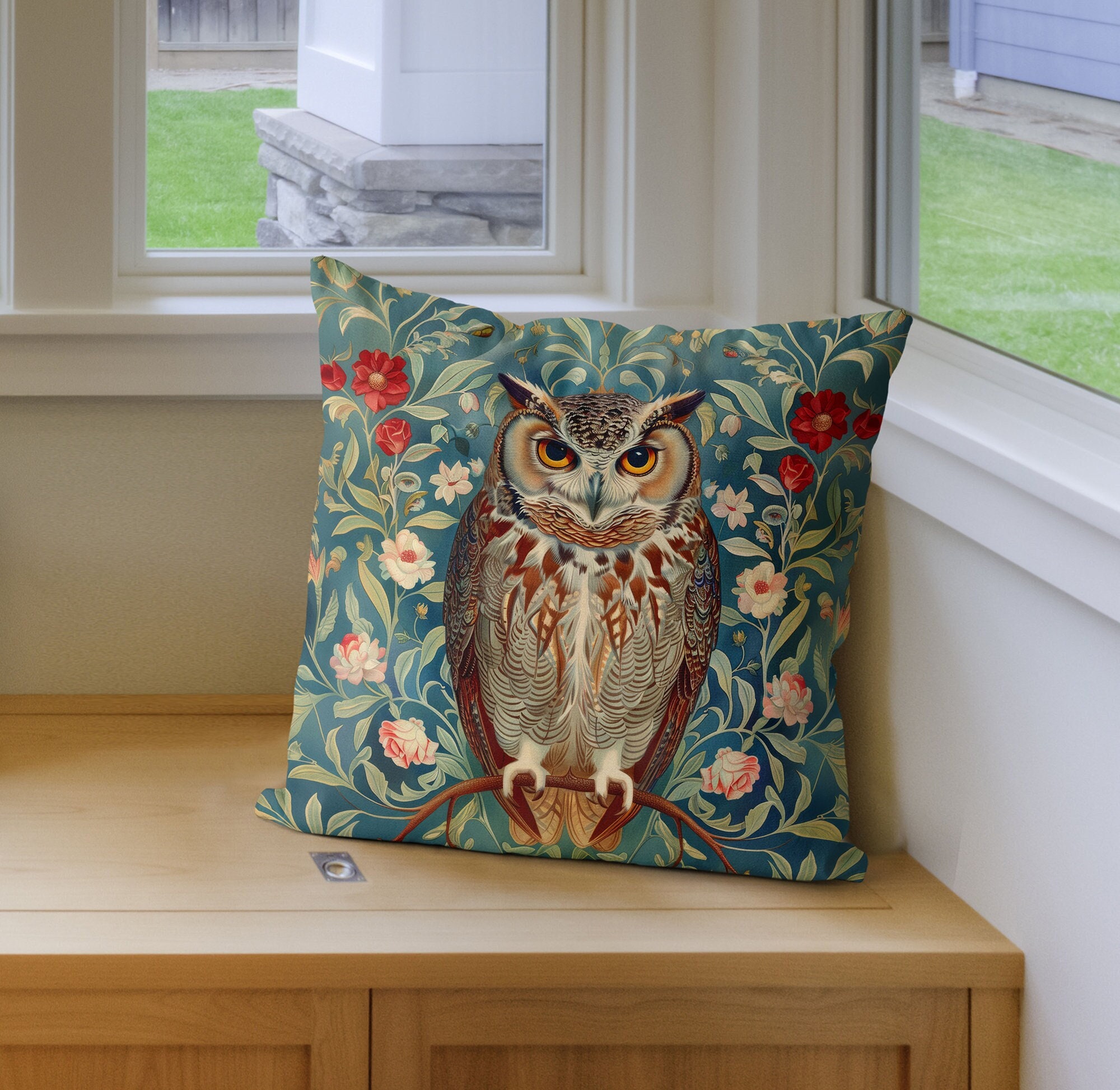 Owl Pillow Cover, Blue Floral Woodland Accent Throw, Handmade