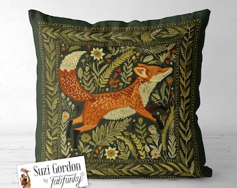 Leaping Fox Swedish Scandic Folk Art Style Throw Pillow Cover, Print both sides handmade cushion cover, Scandinavian woodland animal