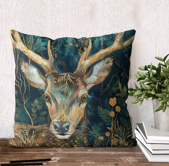 Hirsch Portrait Kissenbezug, Floral Deer, Waldakzent werfen