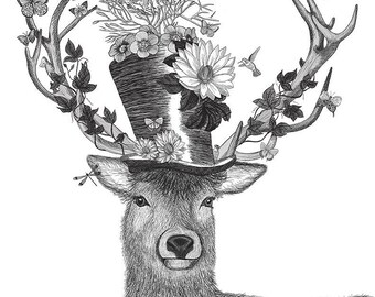 Mad Hatter Deer Drawing Stag Art Print Woodland deer art Top hat art print Decorative art Living room canvas Hallway decor idea Framed print