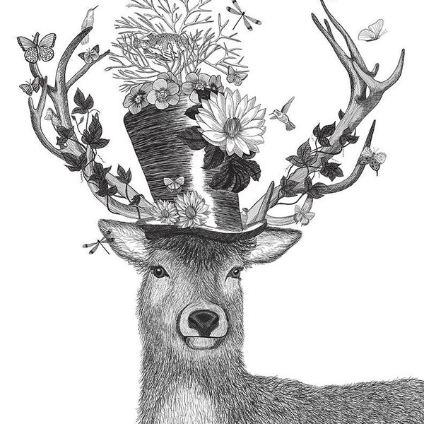 Mad Hatter Deer Drawing Stag Art Print Woodland deer art Top hat art print Art décoratif Toile de salon Couloir idée de décor Impression encadrée