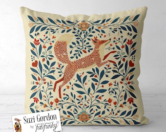 Leaping Fox Scandic Folk Art Style Pillow Cover, Print both sides handmade cushion cover, Scandinavian woodland animal, Swedish nordic decor