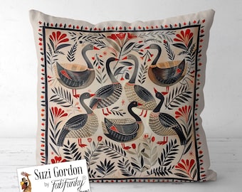 Folk Art Style Geese Print Pillow Cover, Scandi print both sides handmade cushion cover, Goose Pillow, Swedish Scandinavian Wildlife Decor