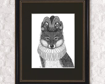 May include: A black and white pen and ink drawing of a fox wearing a jester's hat and a ruff collar. The fox is looking directly at the viewer.