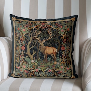 Deer Pillow Cover, William Morris inspired Stag handmade cushion cover, Print both sides, Art Nouveau Decor woodland forest accent throw