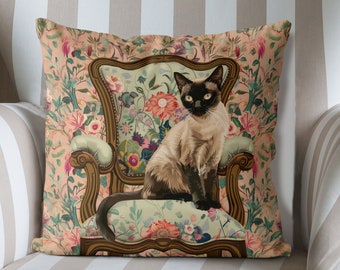 Siamese Cat pillow cover, cat on armchair, handmade cotton/linen cushion cover, print on both sides, Siamese cat gift