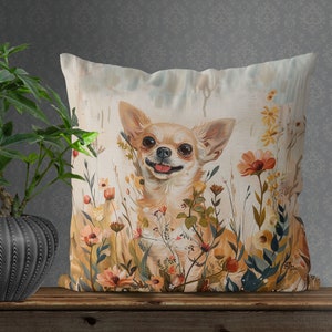 Chihuahua Pillow Cover, on beautiful floral print on beige background, handmade cotton/linen cushion cover