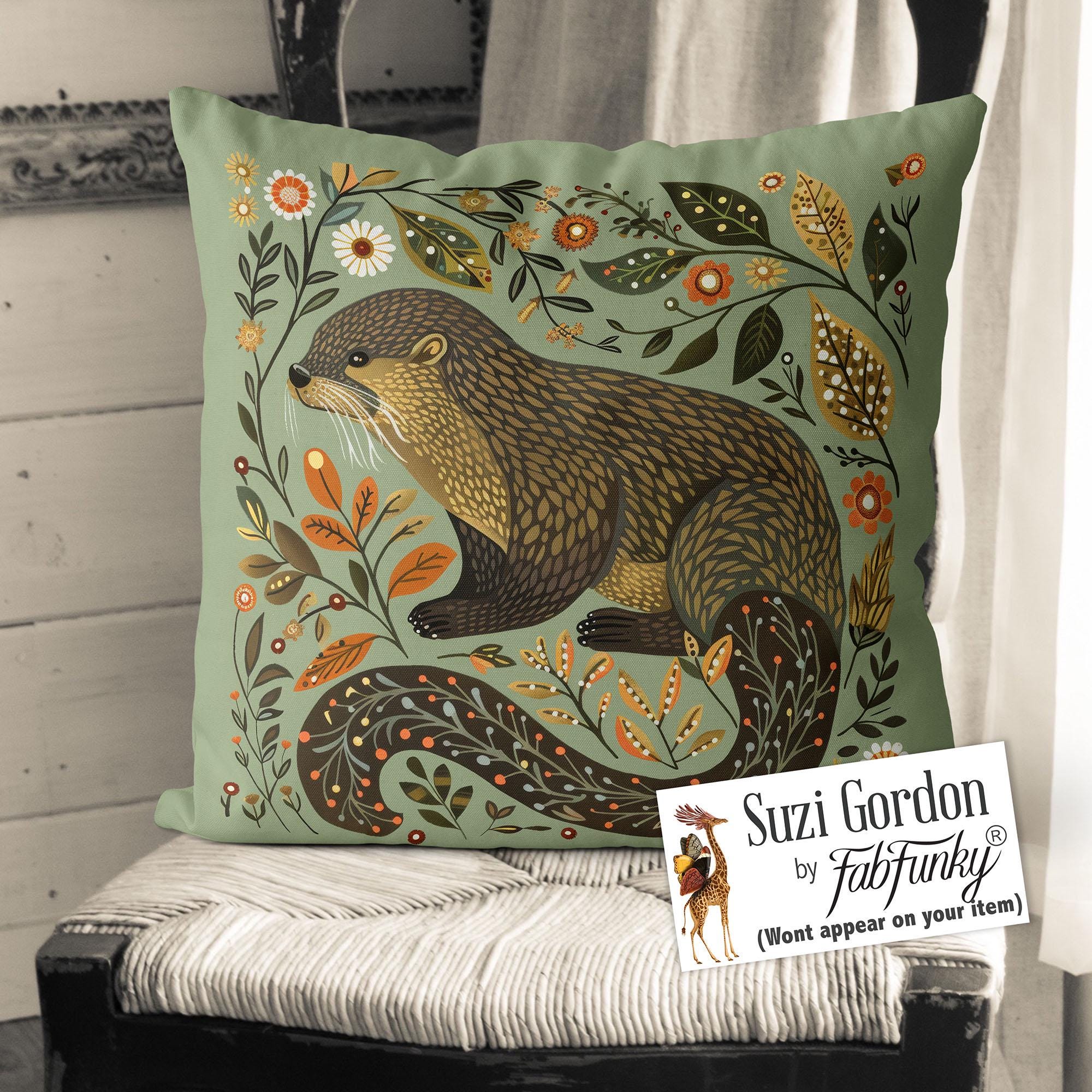 Cute Scandi Otter Pillow Cover on green, Print both sides handmade cushion cover, Scandinavian woodland animal Folk Art Scandic decor