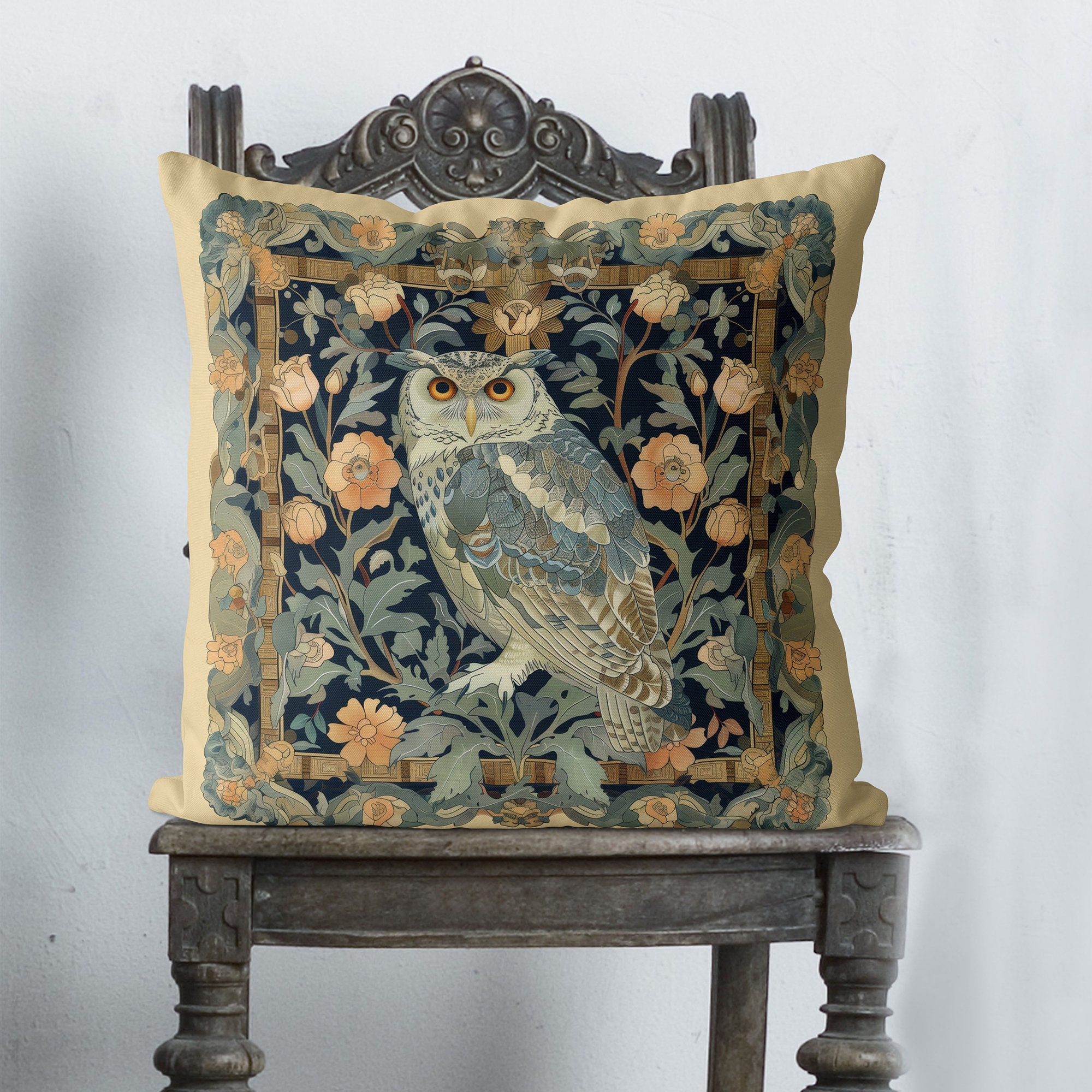 Owl Pillow Cover, William Morris Style Floral, Woodland Throw Cushion